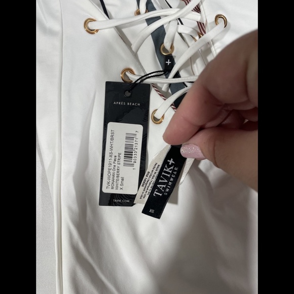 NWT TAVIK [ XS ] Monahan Lace Up‎ One Piece Swimsuit in White Berry Stripe - Picture 12 of 12